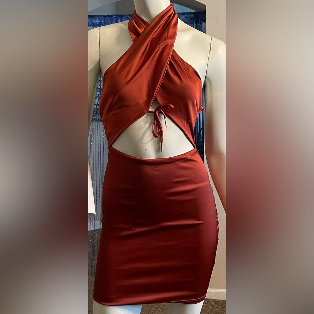 Elegant Rust Halter Mini Dress